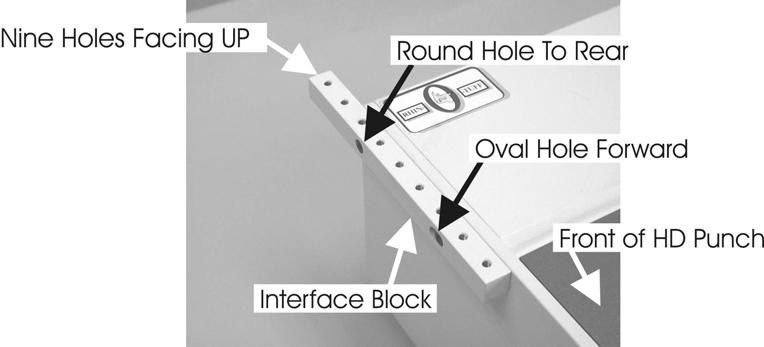 Orient a Tan Interface Block with the oval hole forward (as shown in figure C) toward the front of the HD punch and the round hole toward the rear of machine over the two available holes.