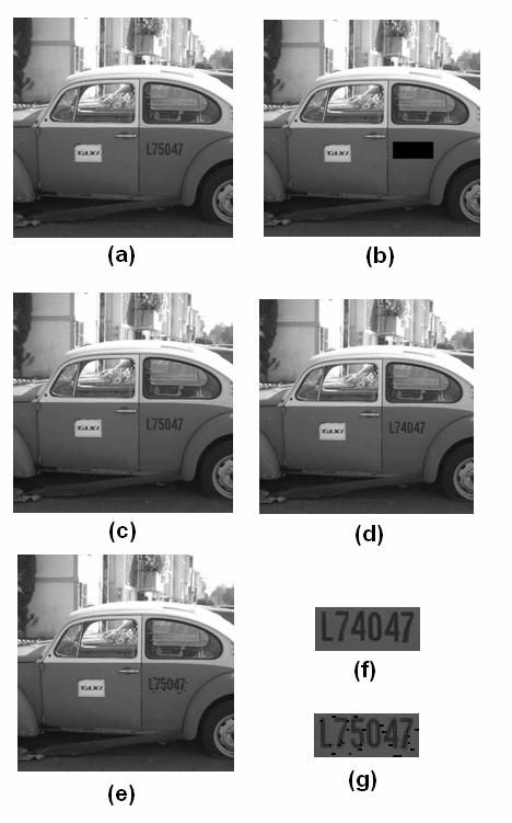 1%, while when the image is contaminated by noise with 0.5% density, authenticator determines that the block is modified. changing the car number to L74047, and Fig.