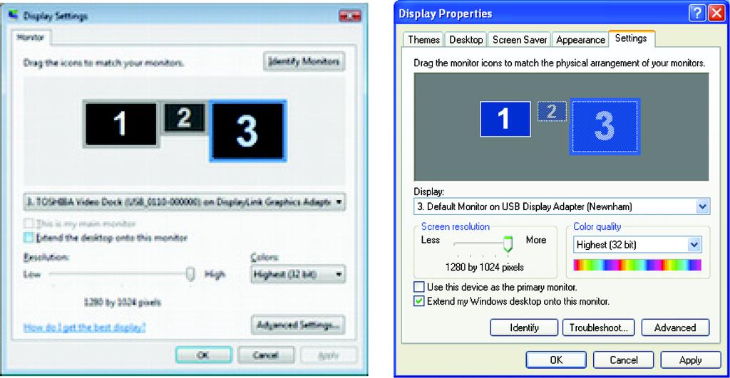 Using the dynadock 4. Click OK to close the Display Properties screen.
