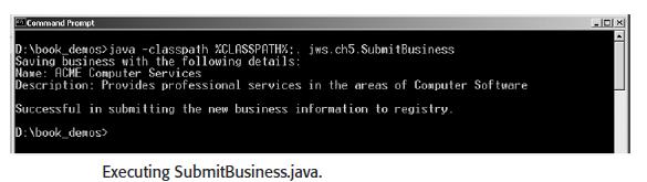 5. Now, publish the business information through a save_business() call on UDDIApiPublishing object.