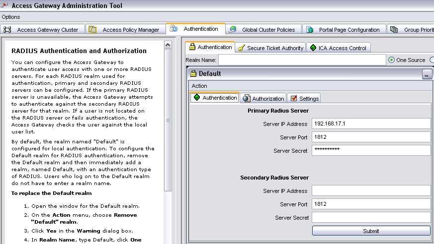 Citrix Access Gateway Configuration In order for Citrix Access Gateway to authenticate CRYPTOCard token users, RADIUS authentication must be configured. Citrix Access Gateway without AAC 1.