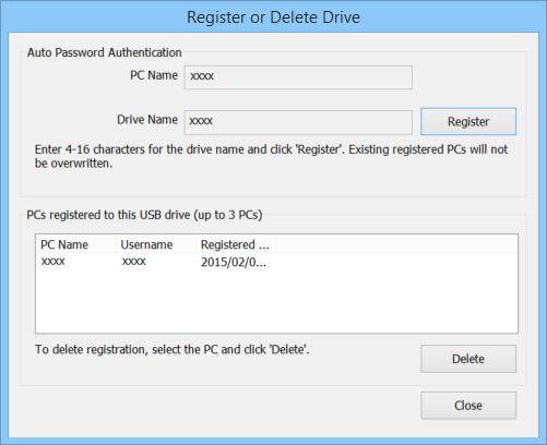 5 You can see all computers which the drive is registered to. Select a "PC Name" for the drive which you want to remove from the list, and click [Delete].
