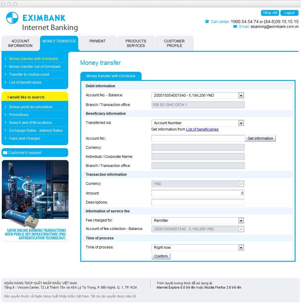 USER MANUAL MONEY TRANSFER MONEY TRANSFER WITH EXIMBANK - In case you choose to transfer via Account Number - In case you choose to transfer via