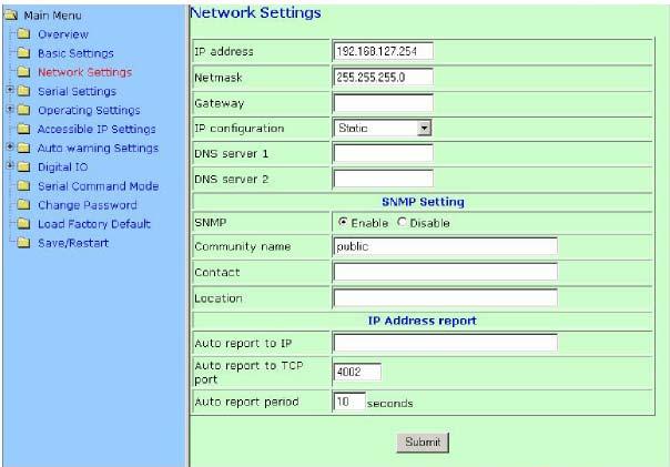 Web Console Configuration Network Settings NOTE: Serial Command Mode is supported in firmware version 3.0 and above.