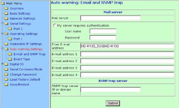 Web Console Configuration Auto Warning Settings E-mail and SNMP Trap NOTE: Serial Command Mode is supported in firmware version 3.0 and above.