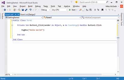 Additional code can be added manually, using the IDE s integral Code Editor, to determine how your program should respond to interface events such as when the user clicks a button.