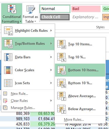 Another useful conditional formatting rule is to highlight the top or bottom 10, 20, 50 etc.