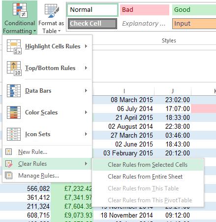 Should you want to remove a conditional formatting rule, you just select the cells you want to