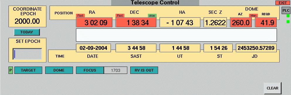 Figure 2: The TCS position and status display. Messages and warnings are displayed in the central white box. has an additional flag indicating the position of the declination worm gear.