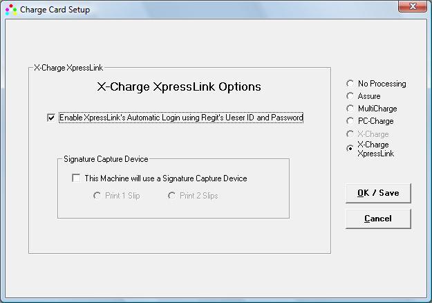 Setup for X-Charge XpressLink in Regit POS After installing X-Charge XpressLink: 1 - Open Regit Office 2 - Select Setup off the top line menu 3 - Select Charge Card Setup off the drop down menu 4 -