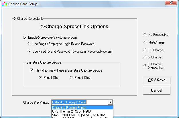 In Regit Office's SETUP, CHARGE CARD SETUP, select either 1 or 2 slips to print. If using the Star SP512 and select 2 slips, the program will pause between slips to allow for removing it.