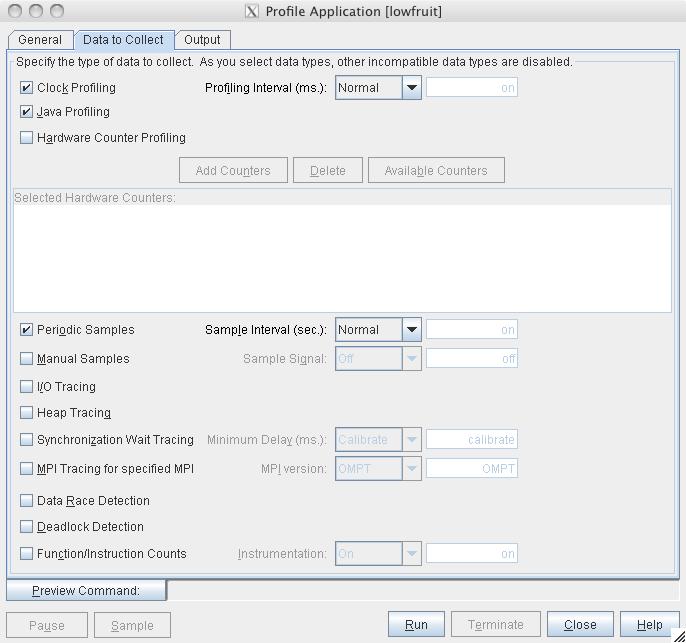 Using Performance Analyzer to Collect Data Target Input/Output option specifies the window to which the target program stdout and stderr will be redirected.