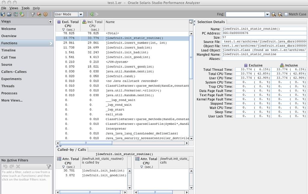 Using Performance Analyzer to Examine the jlowfruit Data The Functions view shows the list of functions in the application, with performance metrics for each function.