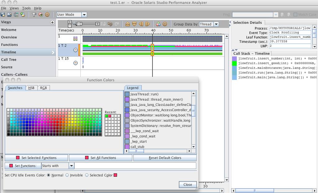 Using Performance Analyzer to Examine the jlowfruit Data The function colors were changed to distinguish the good and bad versions of the functions more clearly for the screen shot. The jlowfruit.