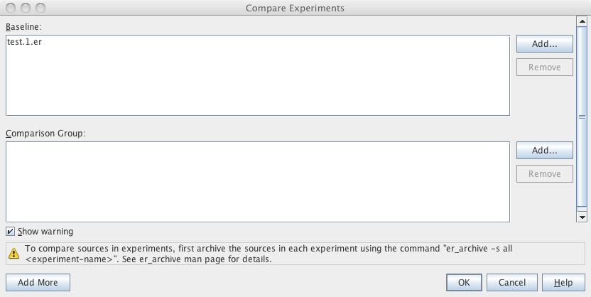 Examining the Synchronization Tracing Experiment for mttest 1. Click the Compare Experiments button Experiments. on the tool bar or choose File > Compare The Compare Experiments dialog box opens.