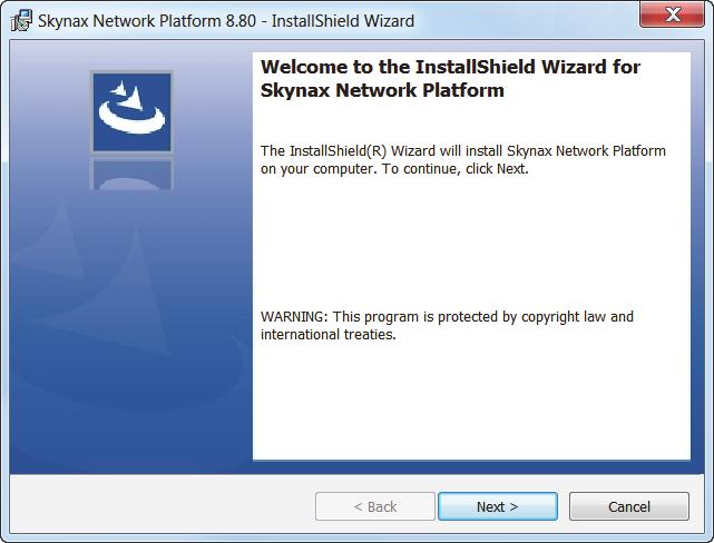 Install the Skynax Network Platform Services 1 On your PC, browse to the location of the Skynax installation files and run the Setup_SkynaxNetworkPlatform_8.80.xx.xxxx application.