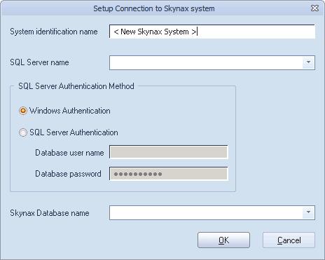 1 Start Skynax Manager. 2 Select File > Connect. 3 Select the group you want to add the Skynax system to and click New System. 4 Type the System identification name for your Skynax system.