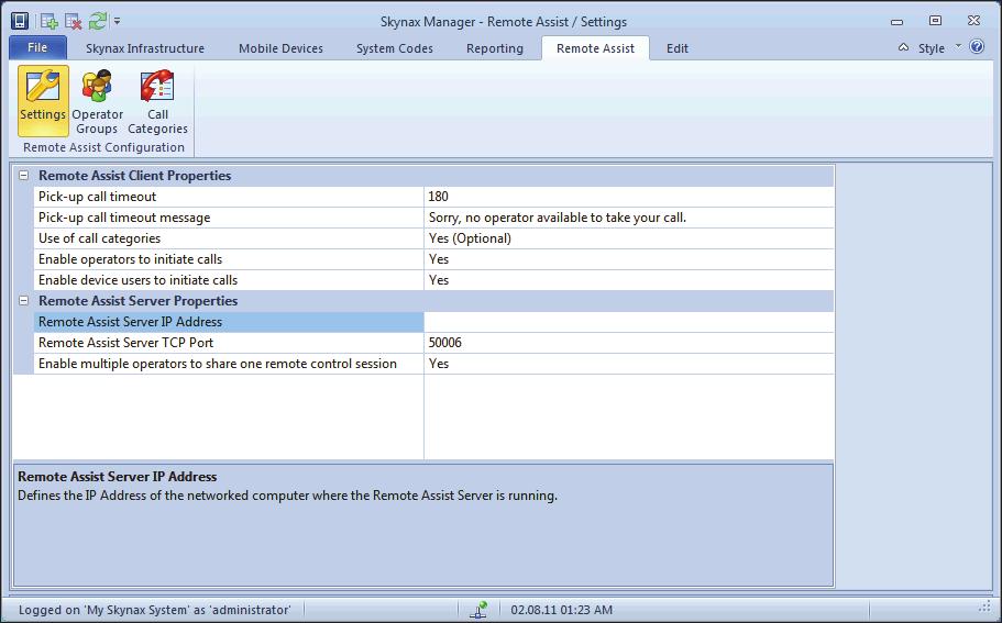 Configure Remote Assist Server Remote Assist Server acts as a bridge between Remote Assist Console (separately licensed) and the Skynax Client that runs on a Windows Mobile or Android device.