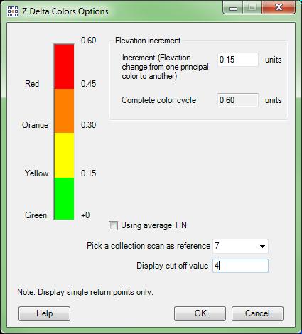 Color by Z Delta: This tool will color the points in the LiDAR data by the vertical difference in adjacent flight lines.