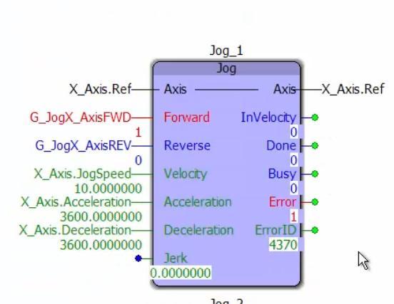 Verification No single-axis control while group enabled Example: Jog Axis Error