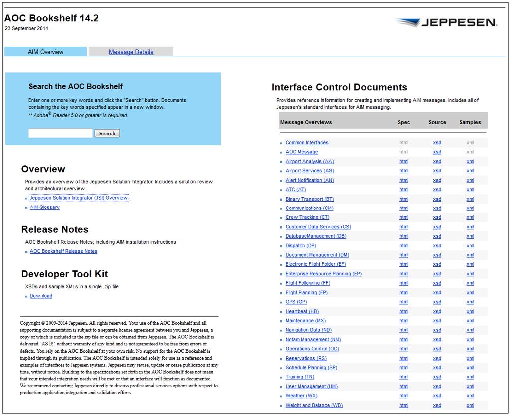 Messaging and Standardization Using the AOC Bookshelf Jeppesen publishes the AOC Bookshelf (see Figure 7) as an easy, user friendly way to view all of the message related documents, XSDs, and sample