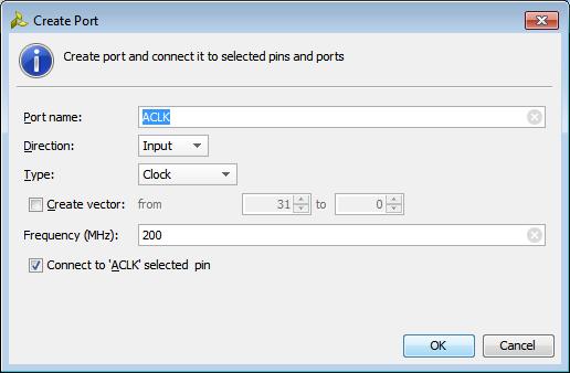 Step 3: Creating External Connections Figure 13: Create Port - ACLK 7. 8. Right-click the ARESETN pin of the AXI Interconnect and select Create Port. The Create Port dialog box opens.