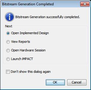 After bitstream is generated, the Bitstream Generation Completed dialog box opens. View Reports is selected by default. 13. Select Open Implemented Design, and click OK.