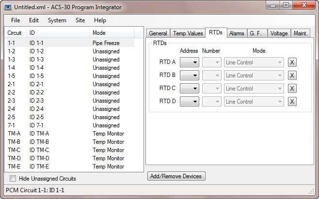 3.2.3 RTDS TAB Clicking this tab opens the RTD address and mode data input fields. Up to four RTDs can be assigned to the circuit.