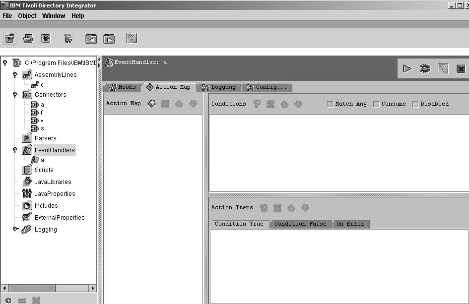 The EentHandler details window presents you with four tabs: Hooks Action Map Logging Config... Config The Config.