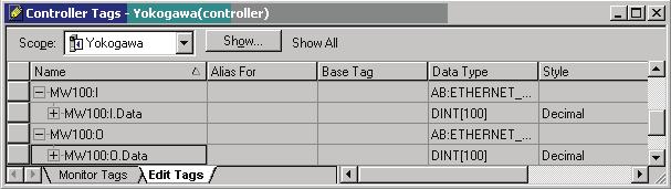 Once an instance has been properly confi gured, the MW100 inputs and outputs will show up in the Controller Tags window.