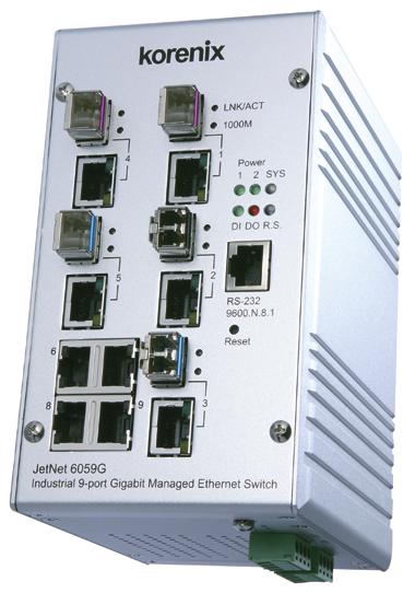 Industrial Ethernet Switch JetNet 6059G Industrial 9G Gigabit Managed Ethernet Switch 5G Fiber LLDP & JetViewPro Industrial 5G Fiber Switch 4G MSR < 5ms NEMA TS2 RoHS SFP DDM -25~75 o C 256 VLANs 4