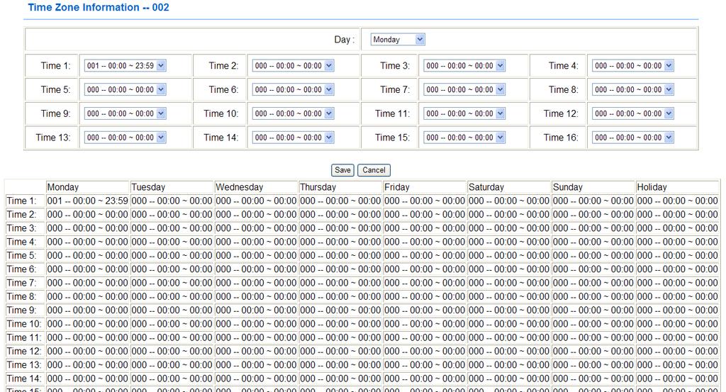 Time Zone setup screen descriptions: Time Zone Time Zone List Time Zone number Time Zone Name Buttons Delete Time Zone information Displaying all existing Time Zones.
