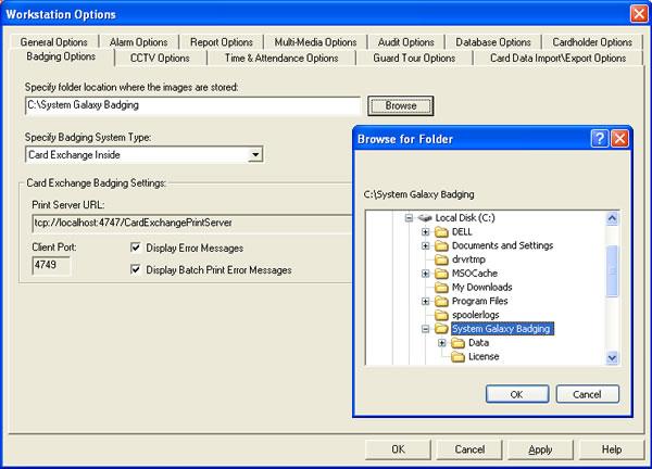Setting Workstation Badging Options The Workstation Options must be set up to use the correct Badging Software At the badging workstation PC, open the Workstation Options screen from the Galaxy menu: