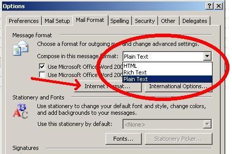 Sending Plain Text E-mail 1) In Outlook, in the menu bar, select Tools -> Options 2) Select