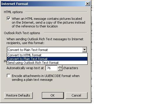 Sending Plain Text E-mail 4) Under Outlook Rich Text options, select