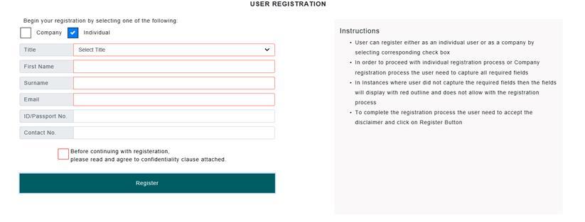 4. User who need to register as an individual need to select the check box against the individual field as shown below. 5.