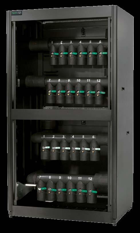 Chilled water distribution unit Up to 12 InRow RC (ACRC301S) cooling units Standard features Top/bottom piping connection Flexibility of installation Field configurable Isolation and balancing valve