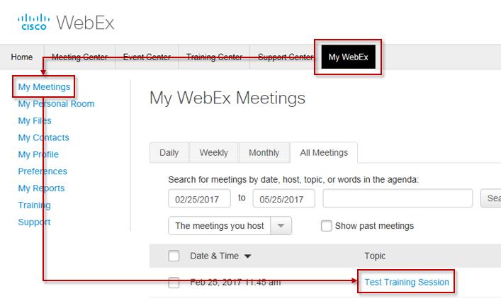 Update a Training Center Session Scheduled Via Your WebEx Site (Back To Top) 1.