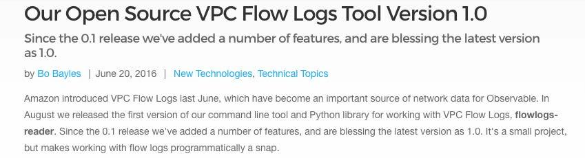 Aside: We share code on using VPC Flow Logs https://observable.
