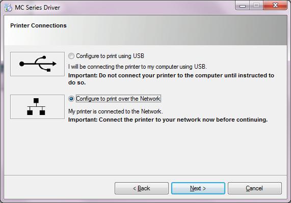 SECTION 2 INSTALLING PRINTER 4. Printer Connections. Click Configure to print using the Network. Make sure the Printer is connected to the Network. Then click Next>. 5. Printers Discovered.