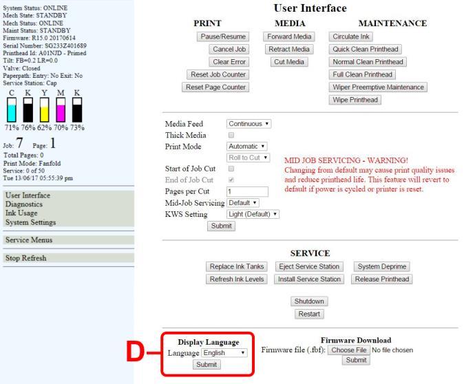 SECTION 3 OPERATING PRINTER [D] Display Language Selects language EWS (Toolbox) will display. Click Submit after selecting language.