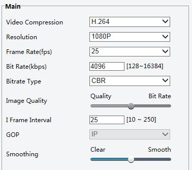2. Modify the settings as required. The following table describes some major parameters. Parameter Video Compression Frame Rate Bitrate Type Image Quality I Frame Interval GOP Smoothing Description H.