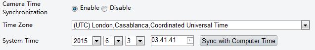 Click Setup > Common > Time, and then click the Time tab. 2. Select Enable for Client Time Synchronization. 3. Set the correct time zone and system time.