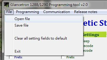Programming tool function: 1. File: [Open file]: To open a settings file, the fields data on the screen will be replaced.