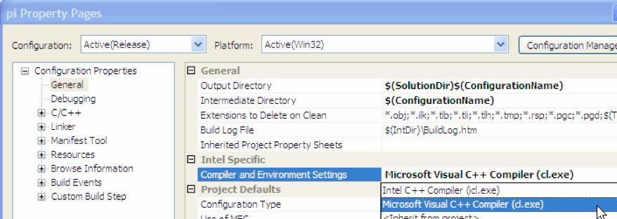 In the Solution Explorer, Sources folder, select pi.cpp and click the Use Intel C++ button. Figure 10 2.