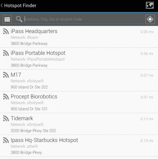 Hotspot Finder Open Mobile includes a hotspot finder that enables users to locate ipass Wi-Fi hotspots anywhere in the world.