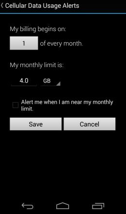To set the cellular data limit: 1. Tap Set Limit button ( ) to open the Cellular Data Usage Alerts dialog. 2.
