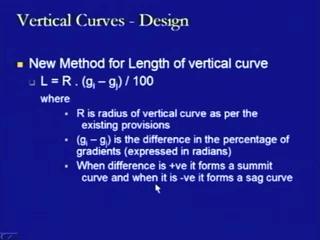 (Refer Slide Time: 28:20) Coming back to the design and the length of the vertical curve, another method which is being given now and is in use is L is equal to radius R multiplied with g i minus g j