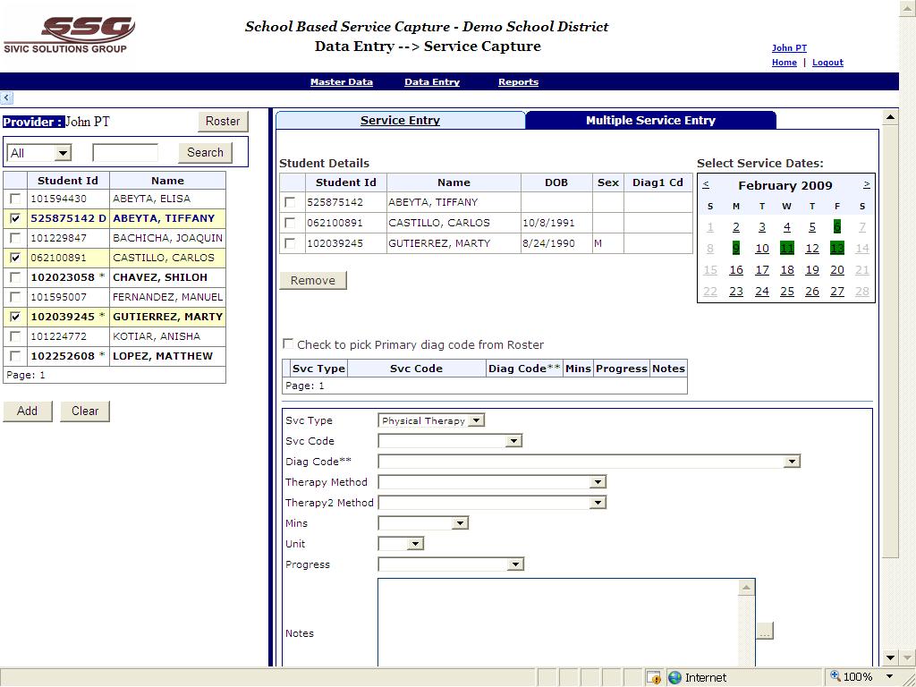 After selecting student(s) and date(s) of service, the provider should then click on the add service button. A data entry field will appear. The provider should then enter the service.