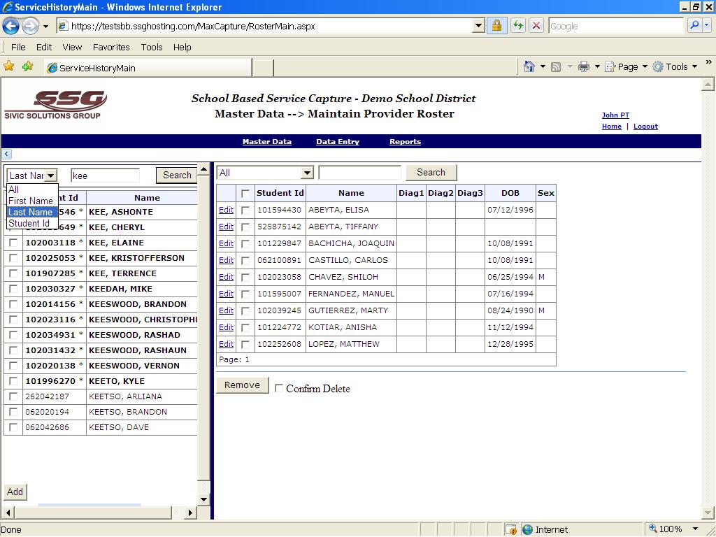 Add a Student to Caseload All students in the database are listed on the left side of the Maintain Roster screen.